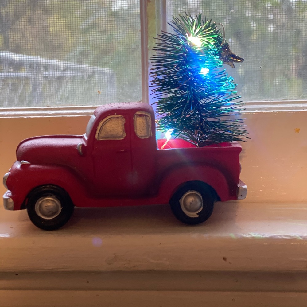 Light up Christmas tree and red truck